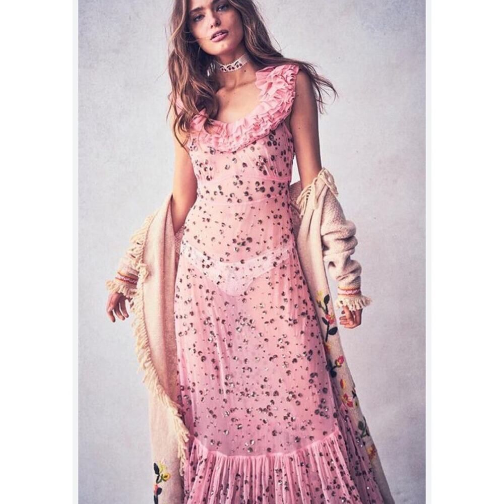 LoveShackFancy Pink Sequin Ruffle Maxi Dress Bubblegum One Shoulder Size 2